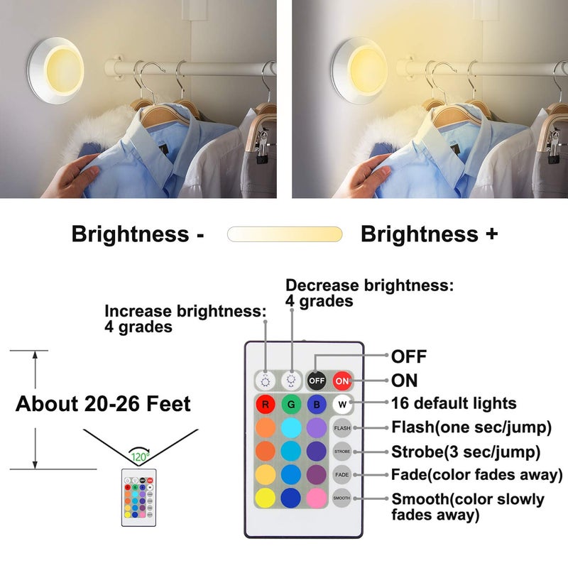HONWELL Push Lights, LED Puck Lights with Remote, Battery Operated Under Cabinet Lighting,Cordless RGB Color Changing Touch Fairy Light with Dimmer, Stick on Light for Closet Classroom Shelf - Image 4